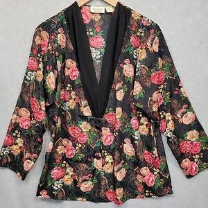 Vintage Victoria's Secret GOLD Label Sz M Black‎ Floral Satin Kimono Jacket Top
